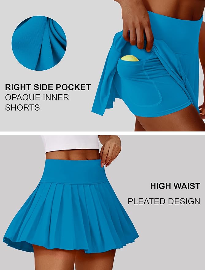 PINSPARK Pleated Tennis Skirts Mini Athletic Golf Skorts with Pocket | 14", High Waist, Lightweight, Quick Dry, Stretchy, Inner Shorts, Sun Protection, Pickleball, Casual, for Women