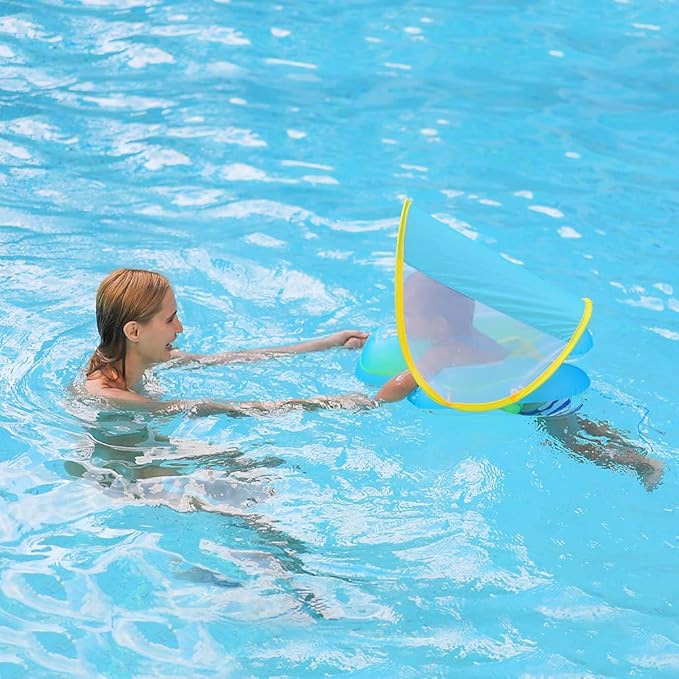 Free Swimming Baby Inflatable Baby Swim Float with Sun Canopy Size Improved Infant Pool Floaties Swimming Pool Toys for The Age of 3-36 Months(Blue, Small)