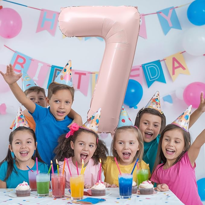 7th Birthday Balloons for Girls, 40'' Foil Self Inflating Light Baby Pink Number 7 Balloon, Pastel Dusty Blush Pink Large Mylar 7 Balloon Number for Kids Birthday Party Decor Anniversary Decorations