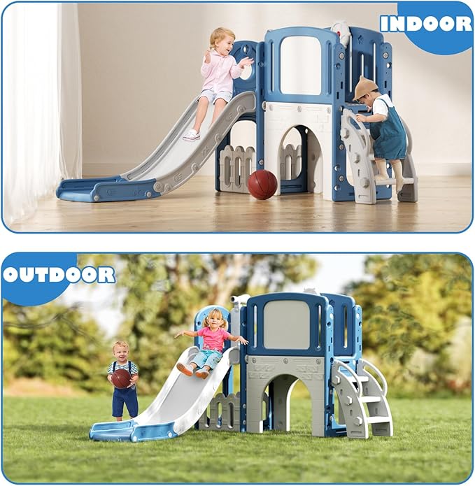 Glaf Toddler Slide 9 in 1 Outdoor Playset Indoor Playground Kids Baby Slides for Toddlers Age 1-3 Backyard with Climber Basketball Hoop Telescope Drawing Board and Storage Space (Blue)
