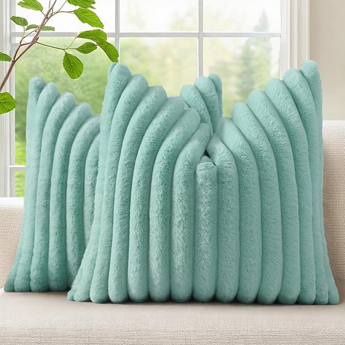 decorUhome Fall Faux Fur Throw Pillow Covers 24x24 Set of 2 Aqua | Decorative Soft Cozy Striped Plush Modern Farmhouse Boho Couch Pillow Cases Velvet Back for Sofa Bed Living Room Home Decor