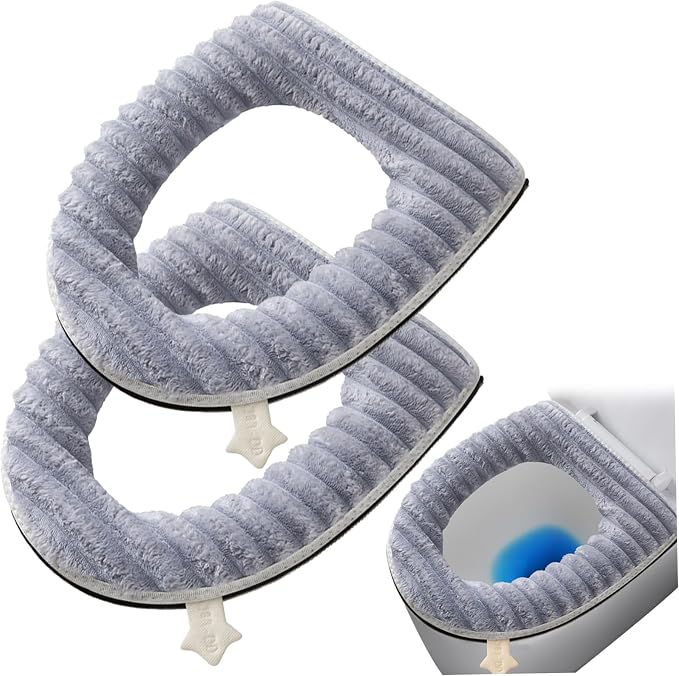 2Pcs Zippered Washable Toilet Seat Cover Pad, Soft Elastic Plaid Winter Toilet Seat Warmer, Comfortable Accessories