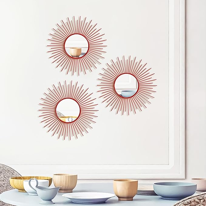 3 Pack Metal Mirrors for Wall Sunburst Wall Mirrors Home Décor Decorative Hanging Wall Art for Living Room Bedroom Entryway (Red, Sunburst)
