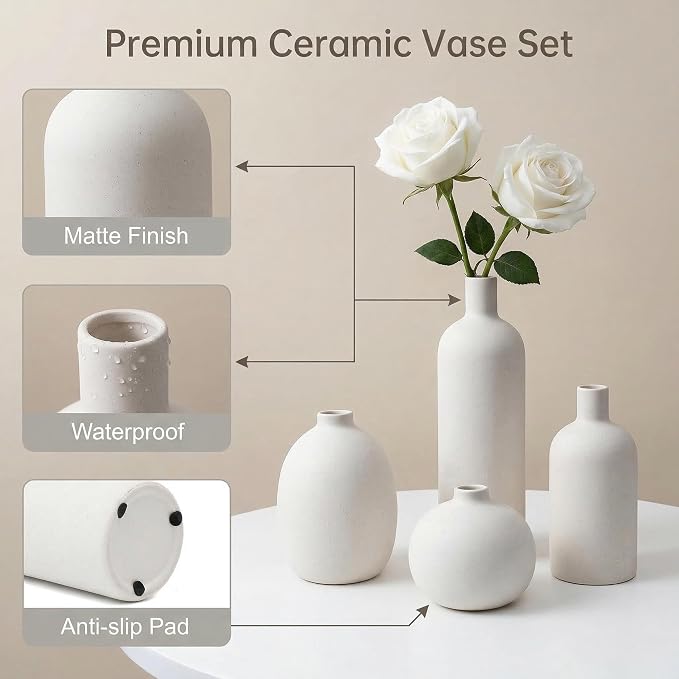 White Ceramic Vase Set of 4, Modern Minimalist Colors Home Decor, Decorative Flowers Vases for Bouquet, Pampas | Table Mantel Centerpiece Bookshelf Living Room Bedroom (White Set of 4)