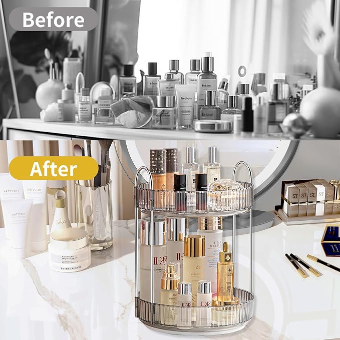 Asayuee 360 Rotating Makeup Organizer for Vanity,Bathroom Countertop Organizer,Spinning Perfume Organizer&Vanity Organizer(Grey-2 Tier)