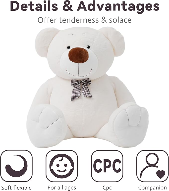 40 Inch Giant Teddy Bear Stuffed Animal, Big Teddy Bear Plush, Birthday Christmas Valentine's Gift for Girlfriend & Kids, White, 4.5 lbs