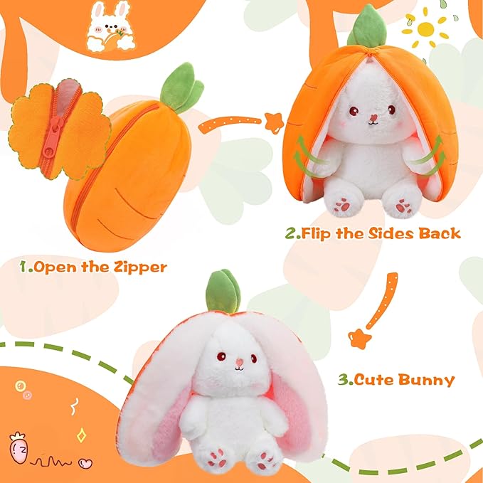 MIAODAM Cuddly Bunny Stuffed Animal, Kawaii Squishy Cute Easter Bunny Plush Turn Into Rabbit Fruit Doll Carrot Strawberry Pillow, Plushies Funny Bunny Toy for Baby (Carrot Rabbit, 10inch)