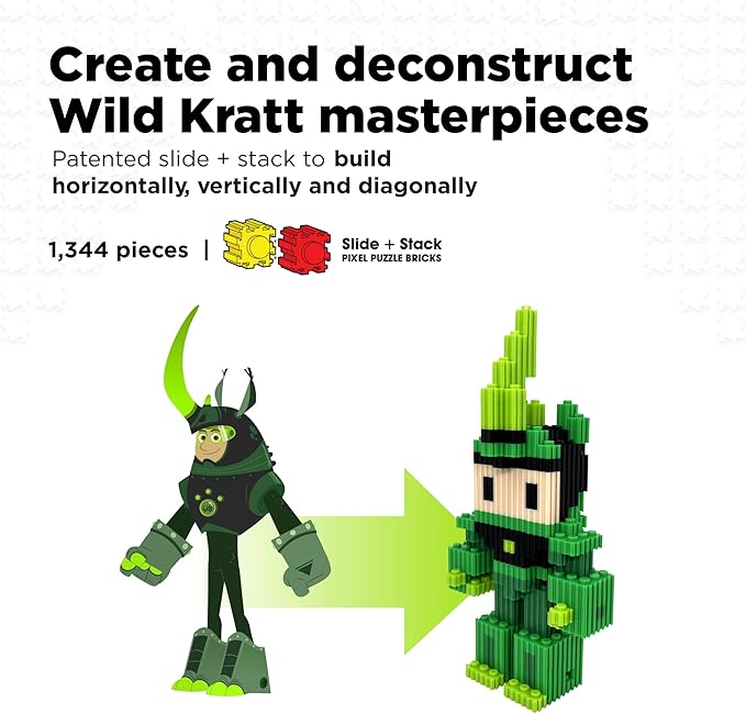 Pix Brix - Wild Kratts Pixel Art Kit - Rhinoceros, 1344 Pieces - Patented Slide + Stack Pixel Puzzle Building Bricks, Build & Collect Wild Kratts Creature Powers - Stem Toys, Ages 6 Plus