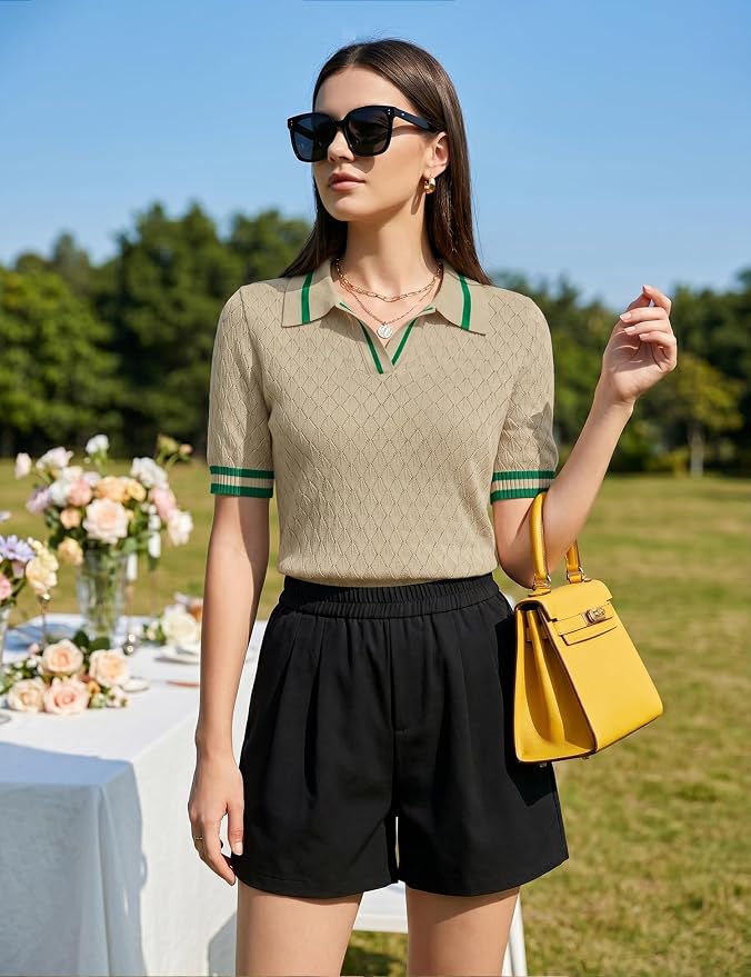 Rapbin Womens Short Sleeve Knit Polo Shirts Summer Spring Sweater Tops | Classic V Neck Collared Shirts Lightweight Business Casual Basic Fashion Pullover Polo Sweater for Work Formal Daily Wear