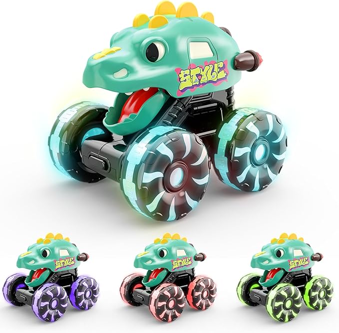 Green Dino Monster Truck – LED Light-Up Press and Go Toy Car for Toddlers Age 2 3 4 5 – Dinosaur Truck with Flashing Wheels and Chomping Mouth for Boys and Girls