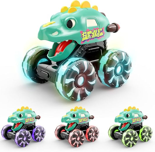 Green Dino Monster Truck – LED Light-Up Press and Go Toy Car for Toddlers Age 2 3 4 5 – Dinosaur Truck with Flashing Wheels and Chomping Mouth for Boys and Girls