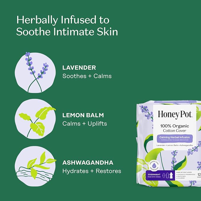 Honey Pot Calming Overnight Sanitary Pads for Women - 100% Organic Cotton Top Sheet - Feminine Care - Non Cooling - Calming Herbs of Lavender, Ashwagandha, & Lemon Balm - 48ct