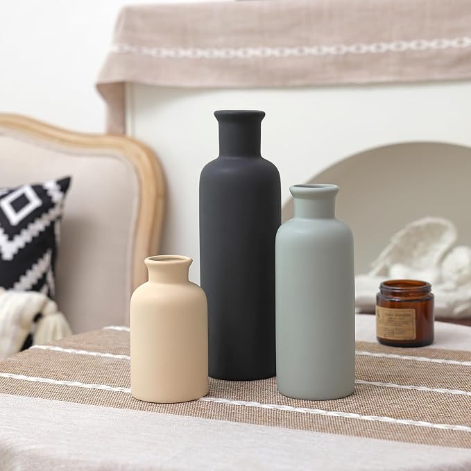 Ceramic Vase Set of 3, Neutral Rustic Vases for Farmhouse Decor Waterproof | Farmhouse Vases for Pampas Grass & Dried Flowers and Table Living Room Home Decor