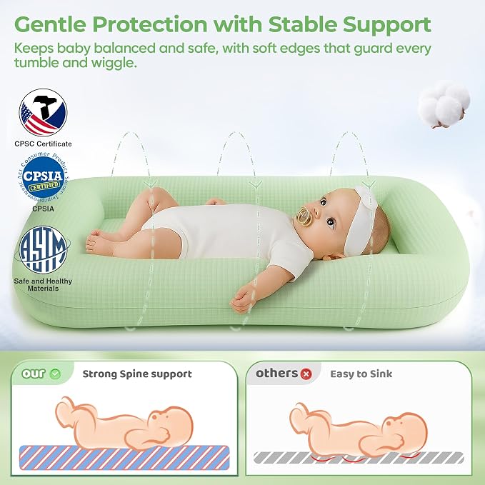 Infant Support Cushion - Baby Support Cushion for Newborn, 0-24 Months, Breathable Cotton Fabric Infant Support Cushion, Portable Newborn Essentials for Home and Travel, Green (Cover Included)