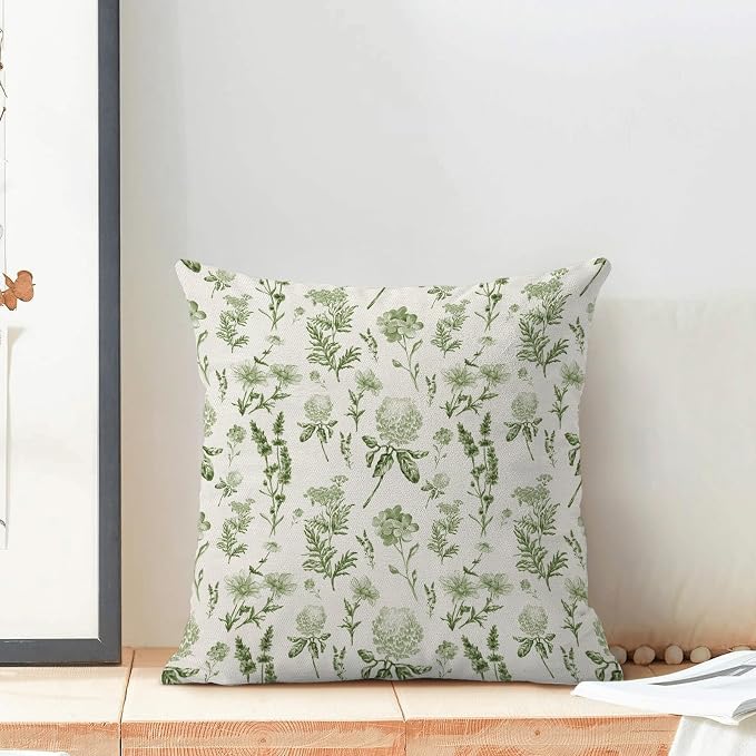 AEIOAE Sage Green Spring Pillow Covers 18x18 Inch Set of 2, Wild Flower Leaves Plant Throw Pillows Case,Seasonal Floral Outdoor Decorative Farmhouse Decor Cushion Covers for Home Sofa Bed Couch