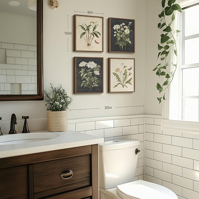 Framed Vintage Botanical Floral Wall Art for Bathroom, 4 Piece 8x10 In | Farmhouse wall decor, Flower pictures, Rustic retro paintings, Ready to hang canvas prints, Kitchen bedroom home decor