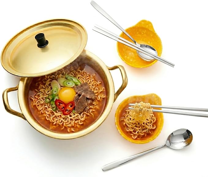 xenoz Korean Ramen Noodle Pot Set, 2 Bowls, 2 Spoons & Chopsticks | Made in Korea aluminum cookware set designed for sharing ramen, noodles and soup.