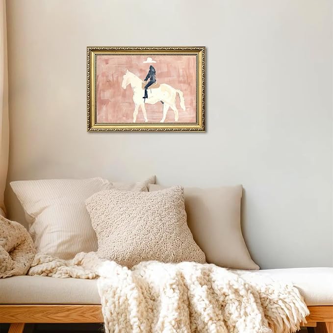 Gold Framed Western Cowboy Wall Art, Modern Abstract Cowboy on Horse Wall Decor Painting Vintage Southwestern Ranch Canvas Prints Picture for Farmhouse Living Room Bedroom 12x16 inch
