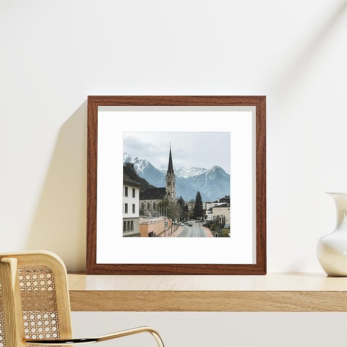 Vittanly 12x12 Picture Frames Set of 9 for Wall Mounting, Wood Grain Brown | Display Pictures 8x8 with Mat or 12x12 without Mat for Wall Mounting, Square Photo Frames for Home Decor, Engineered Wood