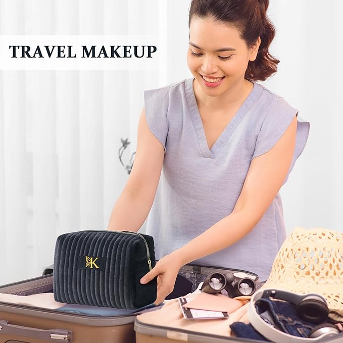 COSHAYSOO Travel Makeup Bag Quilted Make Up Pouch Initial Velvet Cosmetic Case with Butterfly Decor for Young Women 18 19 20 21 22 23 24 25 26 27 28 29 30 40 50 Year Old Birthday Gifts Black Letter O