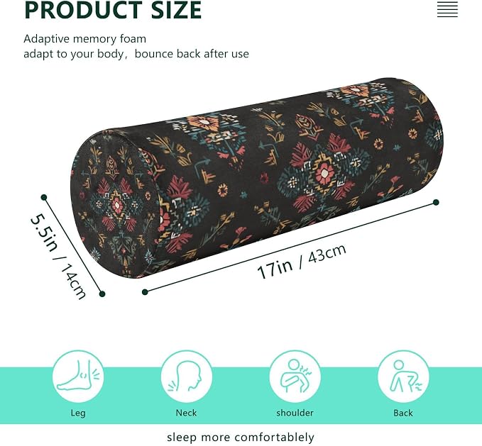 Black Boho Flower Neck Roll Pillow Bolster Round Health Memory Foam Long Cervical Cylinder Pillows with Removable Washable Cover for Body Bed Legs Back Yoga