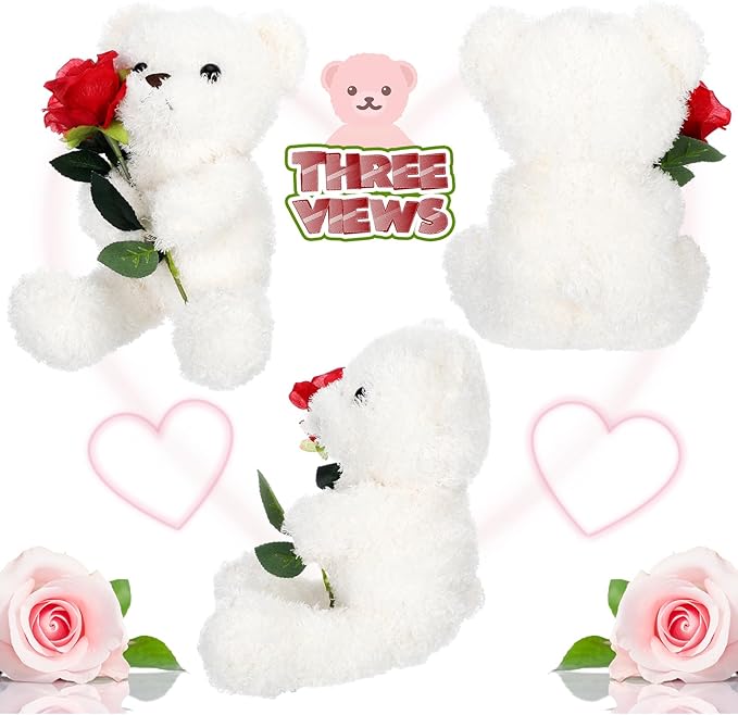 Civaner Bear Stuffed Animal Gift with Rose Funny Cute Bear Stuffed Animal Plush Gift for Mother Girlfriend Birthday Wedding, 11.8 Inches(White)