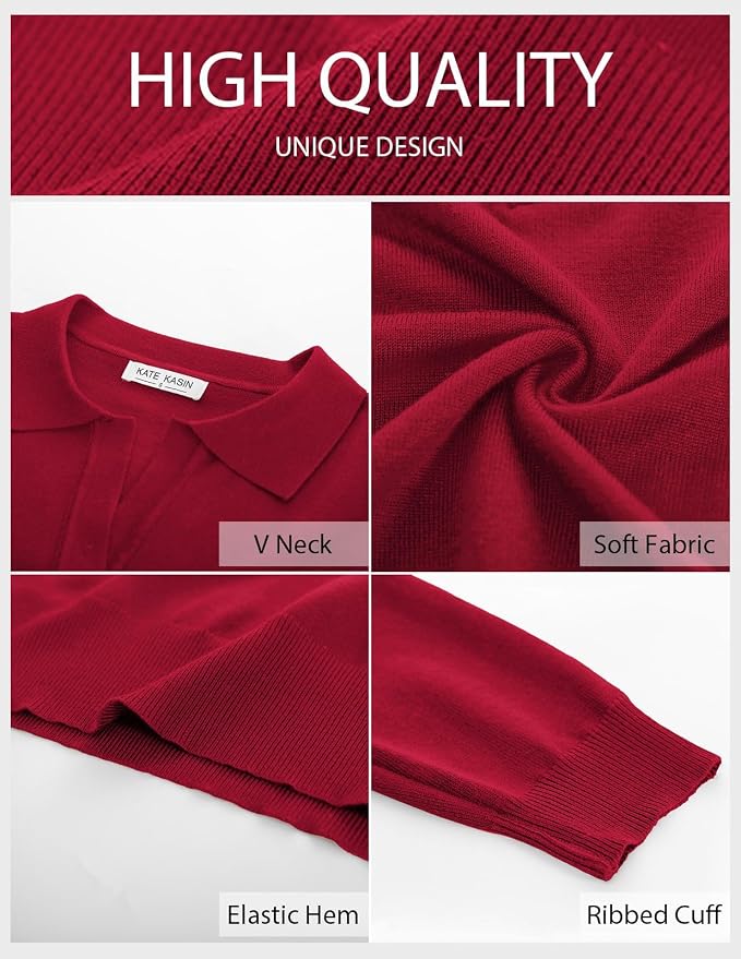 Women's Long Sleeve Classic V Neck Casual Fall Winter Polo Sweater Tops | Basic Collared Knitted Fashion Work Business Formal Daily Wear Versatile Pullover Shirts