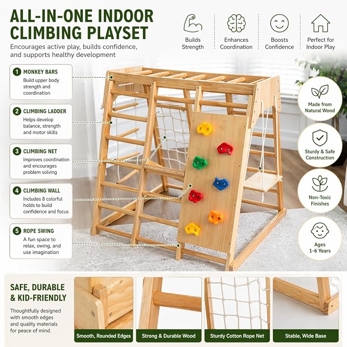 Avenlur Premium Wooden Indoor Climbing Gym for Kids – Montessori Playset with Climbing Wall, Ladder, Rope Net & Swing – Solid Natural Wood Toddler Playground, Ages 1–6