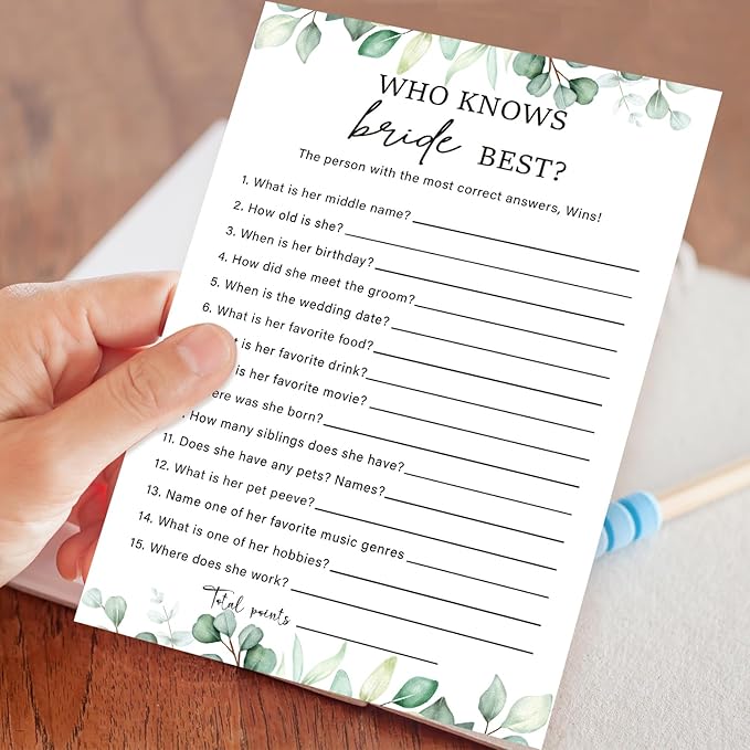 Who Knows The Bride Best Bridal Game Wedding Shower Games, Bridal Shower Games 30 Guests for Engagement Wedding Party (Eucalyptus Botanical Style) -0010