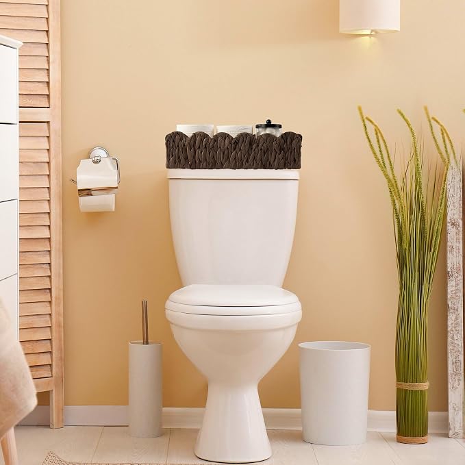 Bathroom Decor Basket for Toilet Paper Storage Baskets For Organizing | For Bedroom Living Room Kitchen Home Decor Scalloped Cute Basekt With Handle for Apartment Countertop,Dark Brown
