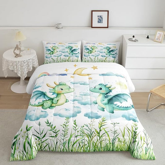 Feelyou Dragon Comforter Set Twin Size Dragon Stuff Comforter for Boys Girls Teens Wild Life Bedding Set Dragon Decor Duvet Set Room Decor Green Quilt Set