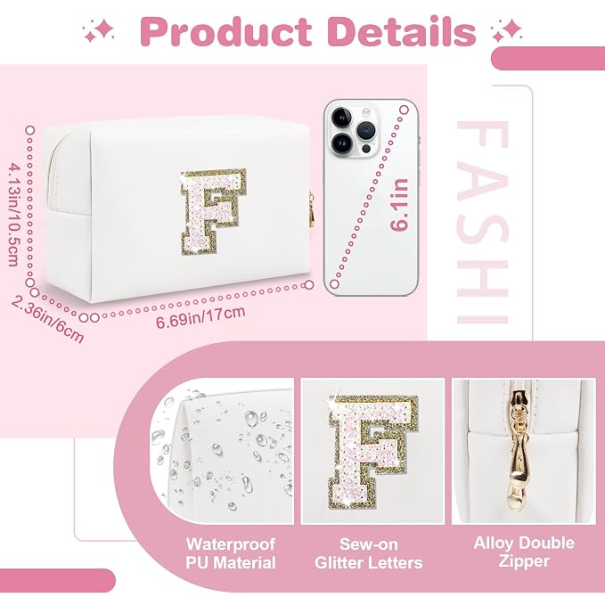 Small Initial Patch Makeup Bag Personalized Gifts Make Up Bag,White Cute PU Leather Glitter Letter Cosmetic Bag with Zipper,Trendy Portable Travel Toiletry Pouch,Preppy Stuff for Teen Girls Women F