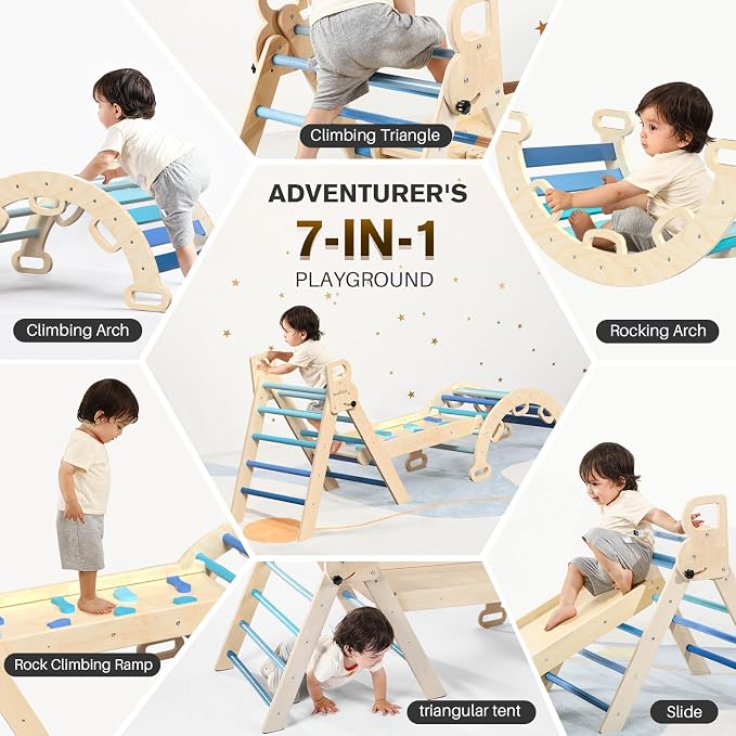 BlueWood Pikler Triangle Set with Safe Handle, Foldable 7-in-1 Montessori Toddler Climbing Toys Indoor, Wooden Pickler Climbing Set, Baby Jungle Gym & Playground, Climbing Toys for 1-3 Year, Sky Blue
