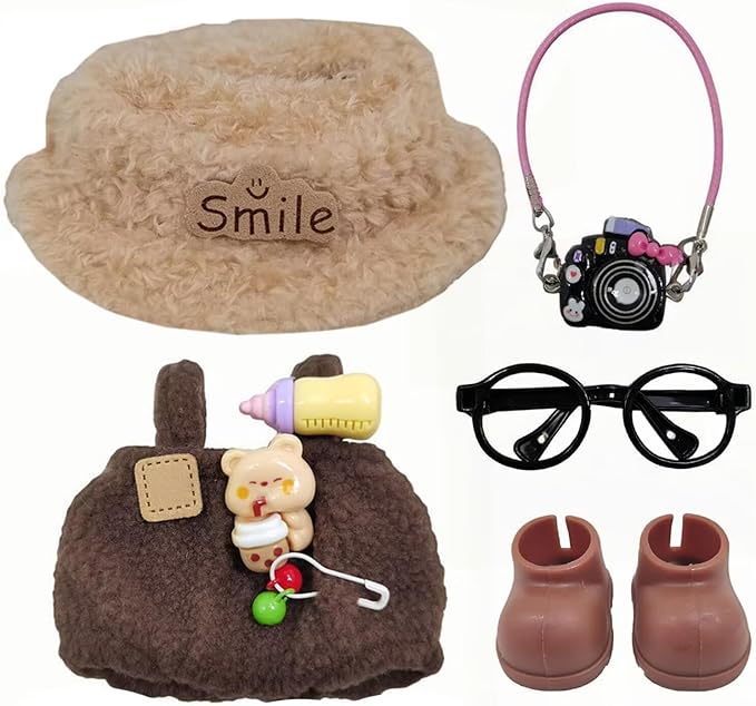 Doll Clothes Outfit and Accessories Suitable for 17cm Dolls, 5 Piece Set Romper Hat Camera Backpack Glasses Shoes (No Doll) Brown