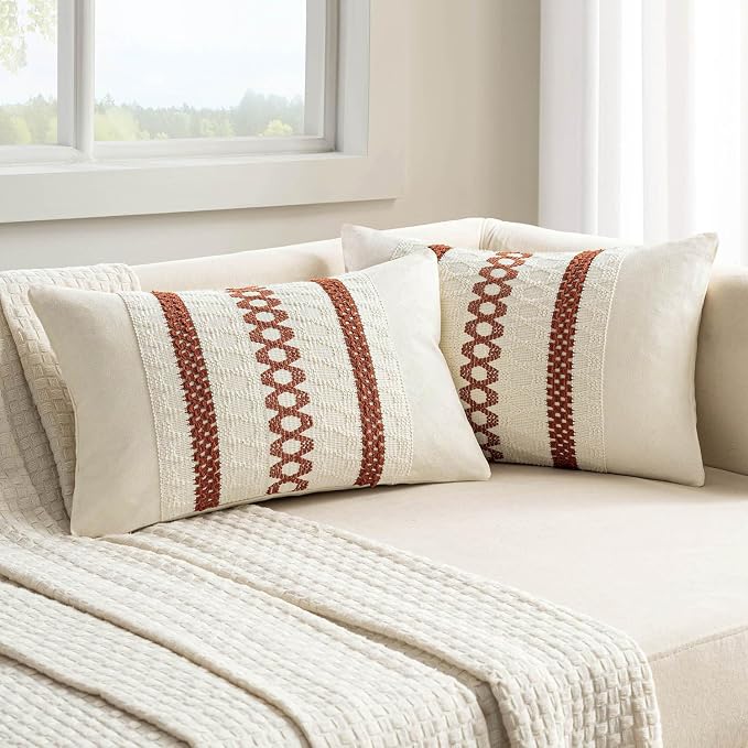 MIULEE Set of 2 Fall Rust Decorative Lumbar Pillow Covers 12x20 | Farmhouse Boho Couch Throw Pillows, Modern Cotton Cushion Covers, Macrame Woven Home Decor for Bed Sofa Chair