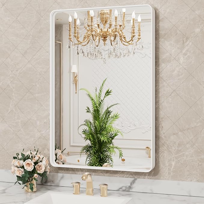 LOAAO 28x36 Inch White Metal Framed Bathroom Mirror | Rounded Rectangle, Anti-Rust, Hangs Horizontally or Vertically