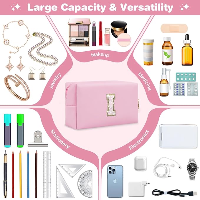 Small Personalized Initial A-Z Patch Makeup Bag,Pink Cute PU Leather Glitter Letter Cosmetic Bag for Teen Girls,Travel Toiletry Bag with Zipper,Preppy Monogrammed Birthday Gift for Daughter Niece I