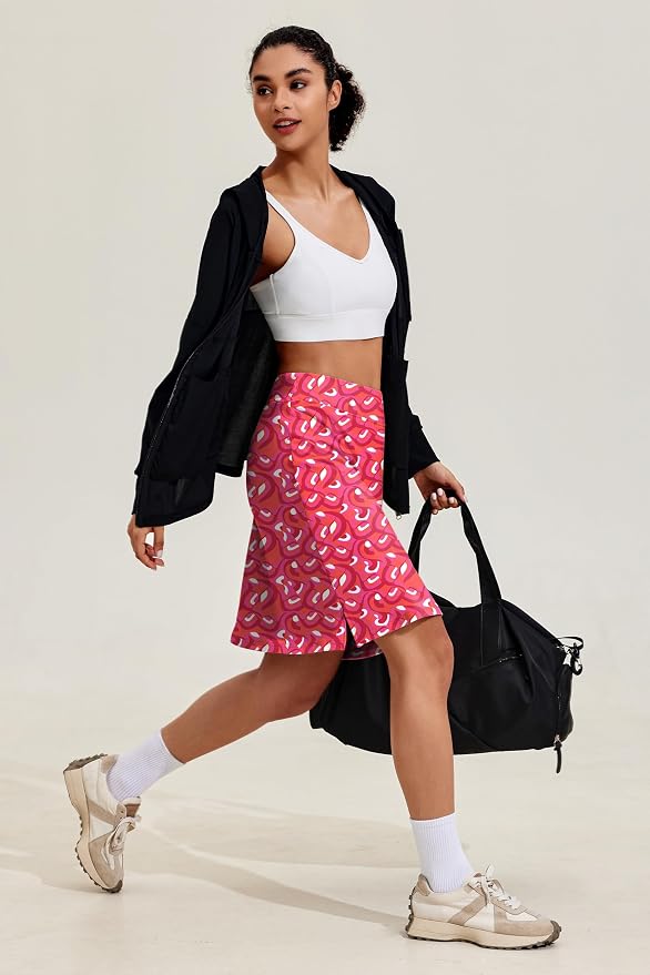 COOrun Women's 20" Knee Length Skirts High Waisted Golf Skorts with Pockets | Soft, Quick Dry, Split Hem, Built-in Shorts, A-line, Modest Skirts, for Golf Athletic Tennis Work Casual