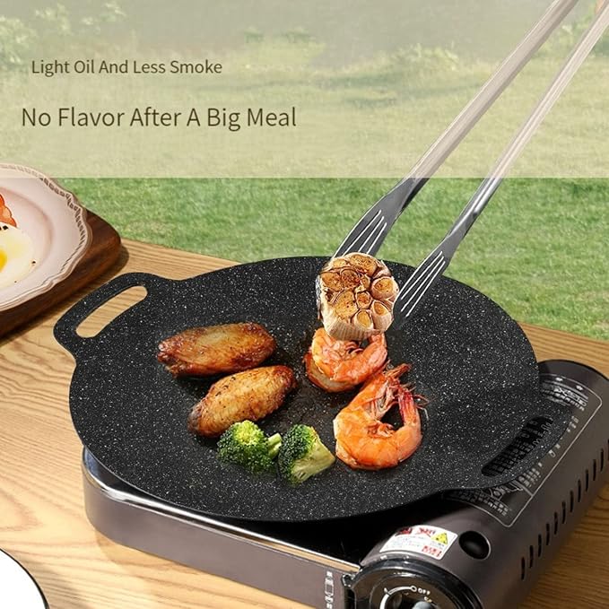 Multi-Function Medical Stone Grill Pan Non-Stick Pan,Non-Stick Coating Frying Pan,Round BBQ Griddle with Handle,Multifunctional Stove Plate for Meats,Pancakes,Ribs (14in)