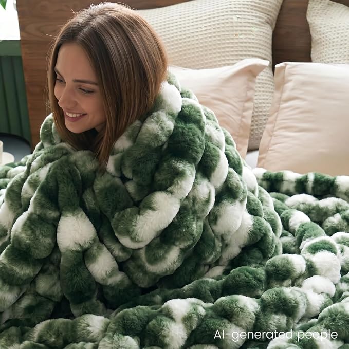 Cozy Bliss Faux Fur Throw for Couch, Fuzzy Soft Plush Thick Bubble Blanket for Sofa Bedroom Living Room, 50x60 Inches Tie-dye Olive Green