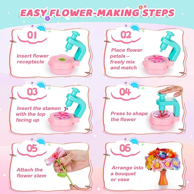 Fabric Flower Bouquets Toys for Girls - Arts & Crafts Gift for Kids Ages 4-9, Mess-Free Fun, Build Your Own Bouquet, DIY Flower-Making Craft Toy Kit, Creative Birthday Gift for Girls