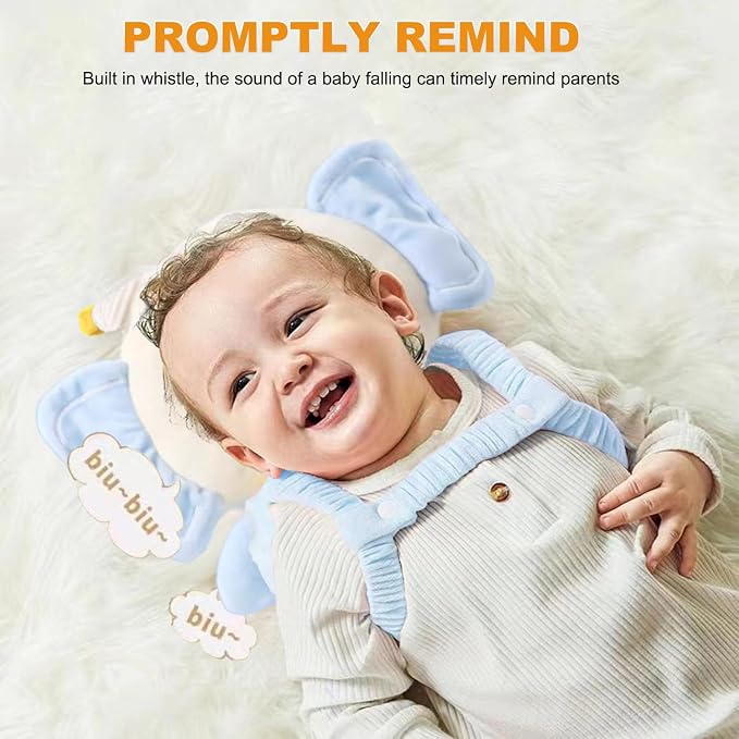 Baby Head Protector Backpack, Adjustable Baby Head Protection Backpack with Baby Knee Pads for Walking & Crawling, Soft, Breathable and Wearing Safety Baby Head Protector - Blue Elephant