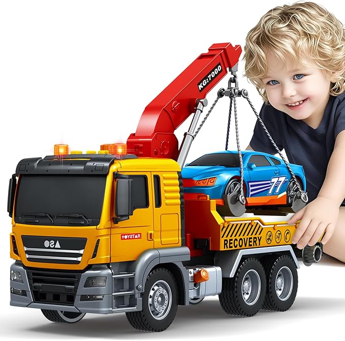 SpringFlower Tow Truck Toy, 3 4 5 6 Years Old Boy Toddlers Truck Vehicle, 12" Large Tow Toy with Racing Car Light Sound, Birthday Gifts for 3 4 5 6 Boys & Girls