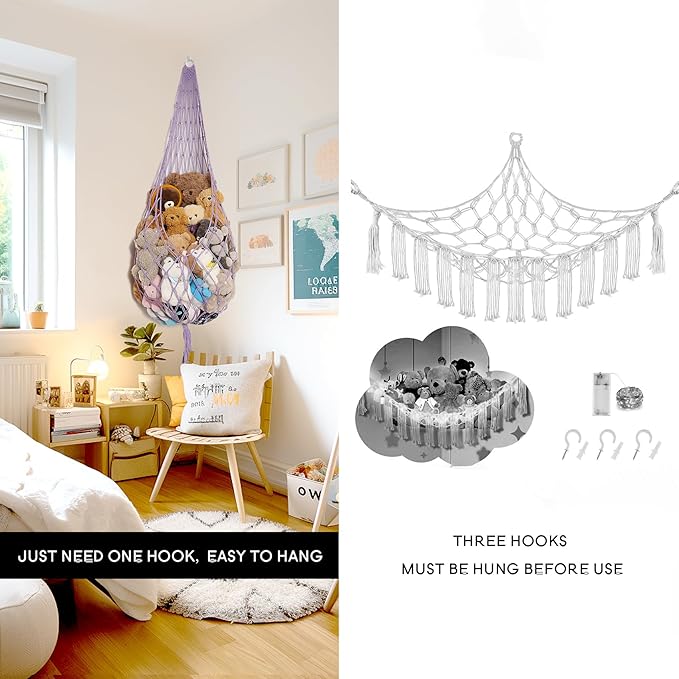 Upgrade Stuffed Animal Hammock Corner or Wall Hanging Net for Stuffy Animal Storage Macrame Toy Display Over Door Toy Holder Kid Bedroom Decor Playroom Organizer (Purple)