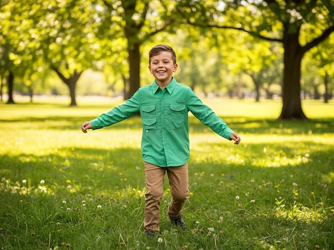 OCHENTA Boys' Button Down Long Sleeve Fishing Shirt Quick-Dry UV Sun Protection Outdoor Tops