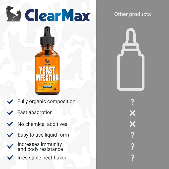 Yeast Infection Treatment for Dogs Soothes Itchy Ears and Irritated Skin – Helps with Allergies, Redness & Maintains Gut Work – Liquid Yeast Infection Drops for Dogs with Natural Beef Flavor – 2 Oz