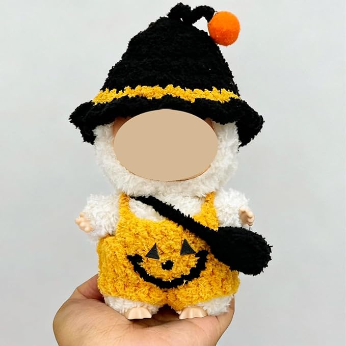 17cm Doll Clothes, Halloween Witch Hat and Pumpkin Costume Set Handcrafted Crochet Halloween Clothes for 6.7"(No Doll Included)