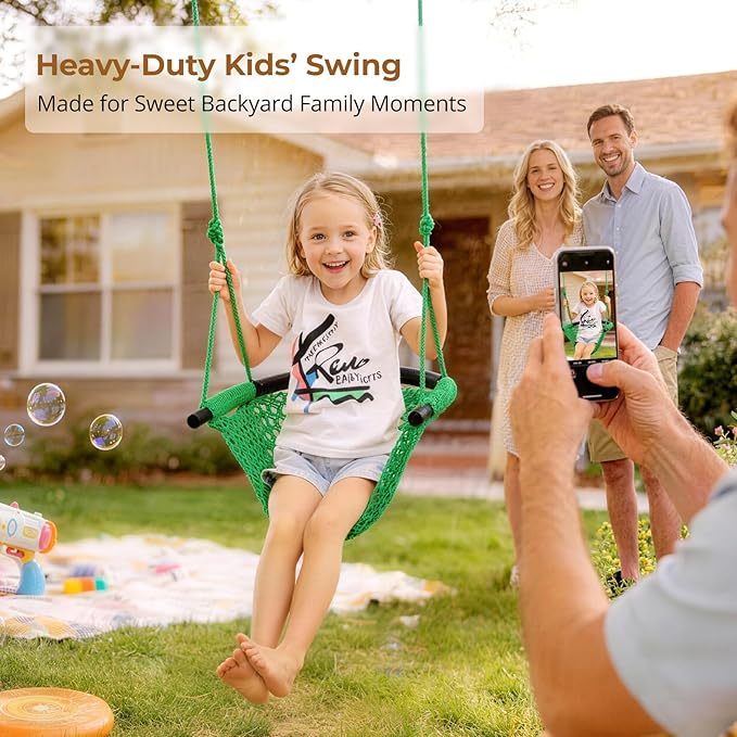 JKsmart Swing Seat for Kids Heavy Duty Rope Play Secure Children Swing Set,Perfect for Indoor,Outdoor,Playground,Home,Tree,with Snap Hooks and Swing Straps,440 lbs Capacity,Green