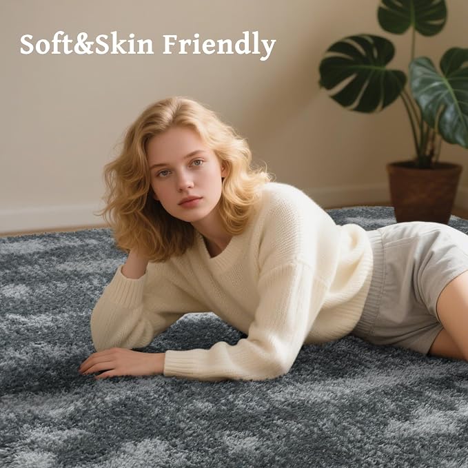 5x7 Ft Large Shag Rug for Living Room Bedroom,Tie-Dyed Ultra Soft Fluffy Furry Area Rug, Aesthetic Carpet for Indoor Floor Home Decor (Dark Grey)