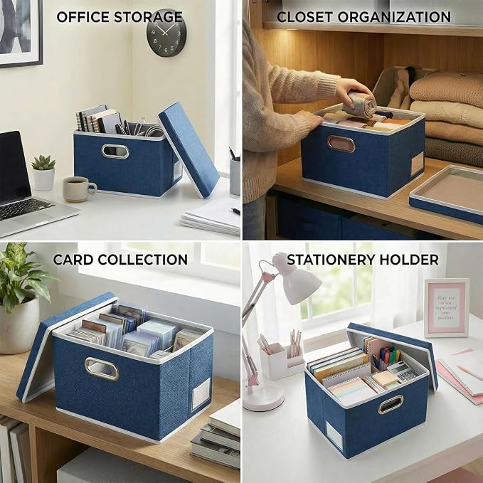 Storage Bins with Lids [3-Pack] Linen Fabric Foldable Storage Boxes Organizer Containers Baskets Cube with Cover for Bedroom Closet Office Royal Blue（11.4X8.6X6.7